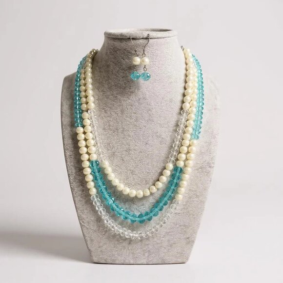 Three Layers Blue & Clear Crystal Glass Bead Cream Faux Pearl Necklace Earring - Picture 1 of 2